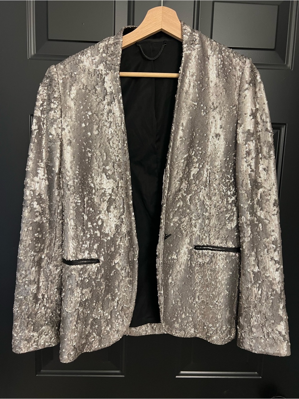 All Saints Silver Sequin Open-Front Blazer